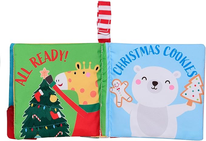 My First Christmas Soft, Crinkle Activity Book with Silicone Teether and Travel Strap, Santa, Green (5 1/2 inch Square)