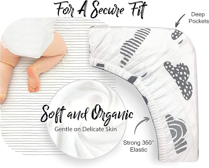 100% Organic Cotton Fitted Sheets Fit and are Compatible with Graco Pack n Play, Babyletto, Pamo Babe, Hiccapop, Dream on Me, Evenflo, Baby Trend Portable/Mini Crib/Playards. 2 Pk