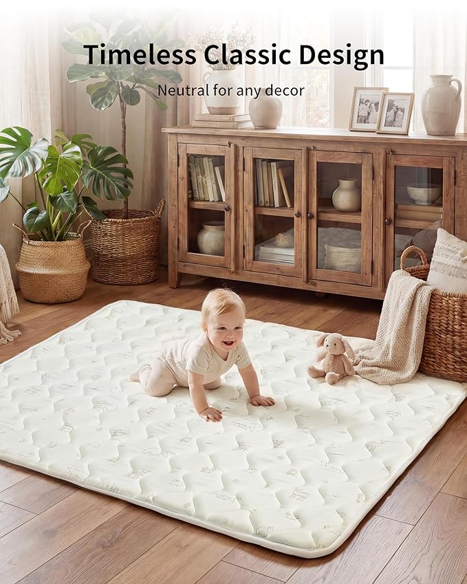 Fortella Extra Thick Baby Play Mat for 50" Playpen, 47"x47" Snug Fit Playpen Mat, Machine Washable Foam Play Mat for Floor - Portable, Non-Slip Tummy Time & Crawling Mat for Babies Toddlers (Forest Beige)