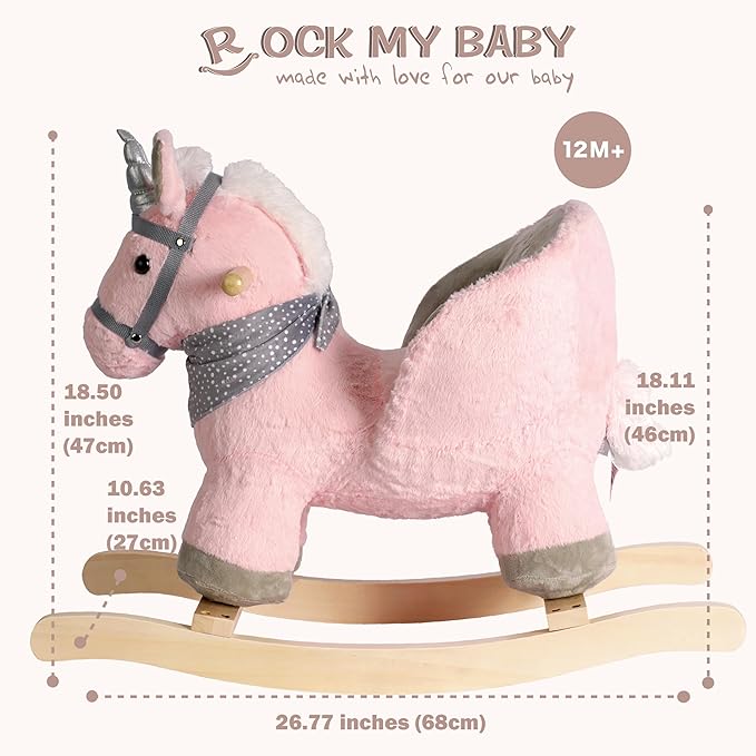 Baby Animal Rocker, Rocking Horse with Seat, Ride on Horse, Plush Rocking Horse with Unicorn Music, Wooden Rocking Horse for Toddlers 1-3, (Pink Unicorn), CPC Certified