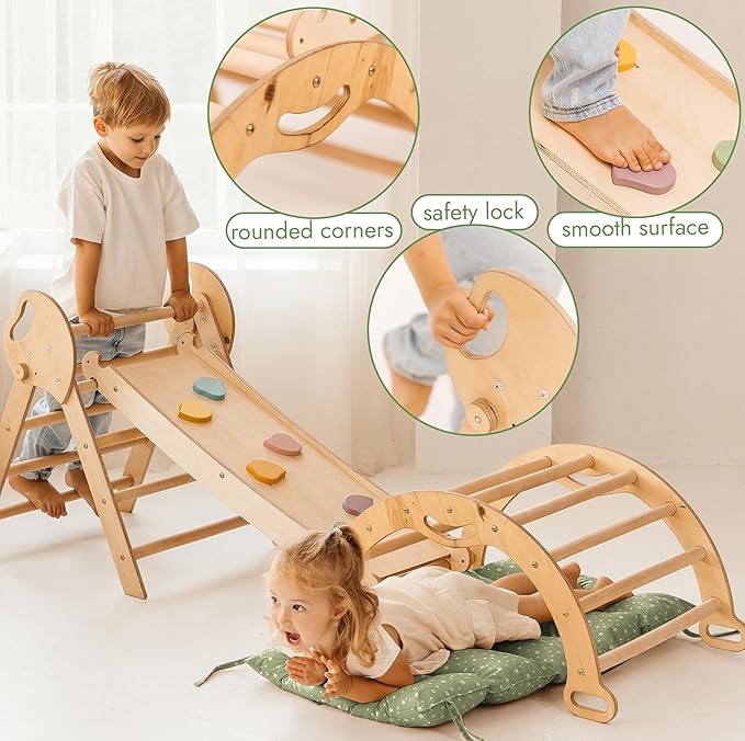 Goodevas 5-in-1 Toddler Climbing Toys Indoor Set - Pikler Triangle, Climbing Arch, Balance Cushion, Montessori Climbing Gym for Toddlers 1-3, Foldable Wooden Baby Activity Center, Jungle Gym for Kids