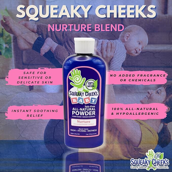 Squeaky Cheeks Baby Powder (5oz) | Organic | Unscented Talc-Free and All Natural Powder | Effective Relief from Rash Wetness and Itching | Also Ideal for Adults
