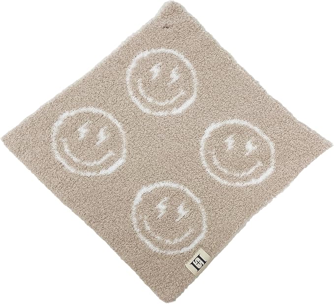 L+L USA Smiley Face Baby Lovey Pacifier/Teether Holder 10"x10" - DreamSoft Plush Fluffy Cuddly Soothie Reversible Mini Comfort Blanket - Cute Newborn Gift Essential Babies Boys Girls (Tan/White)