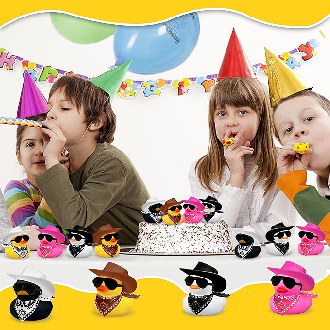 12 PCS Cowboy Duck with Scarf Hat and Sunglasses Mini Bath Duck Toys for Birthday Swimming Party Gift Favor Decorations