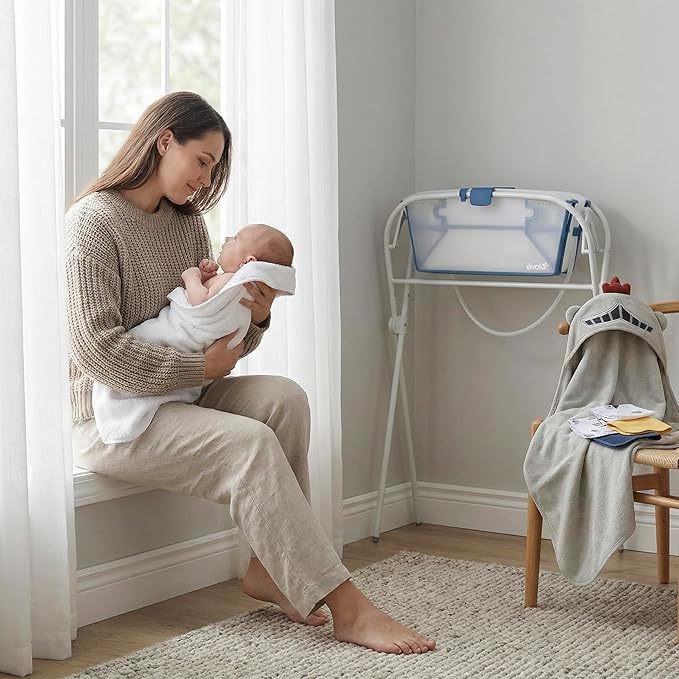 Evolur Supple Baby Spa Set with Infant Bathtub, Hammock Support Seat & Metal Frame, Newborn Tub for 0–12 Months, Complete Baby Care Essentials Gift Set for New Parents, Navy Blue