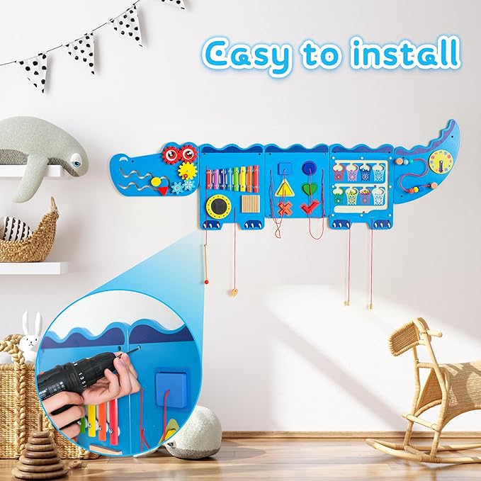 Spacocld Crocodile Sensory Toys Activity Wall Panels - Montessori Busy Board, Toddler Learning Panel, Wall-Mounted Playroom/Daycare Educational Toys, Interactive Wooden Gift for Kids 3-6, Blue