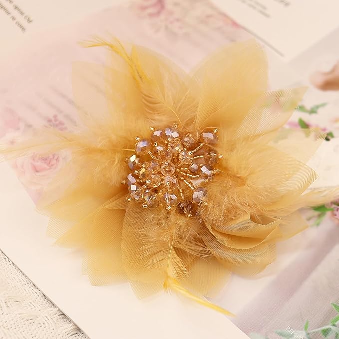 Bethynas Baby Girls Lace Feather Headband Beads Gauze Flower Elastic Toddler Hairband Birthday Party Princess Hair Accessories for Newborn Infant (Gold)
