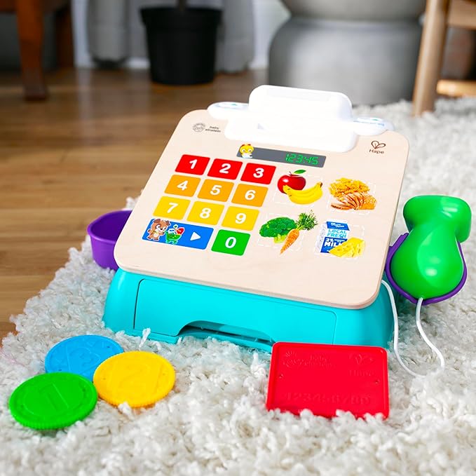 Baby Einstein + Hape Magic Touch Toy Cash Register Pretend to Check Out Toy, Real Sounds and Music, Ages 1, 2, 3, 4+