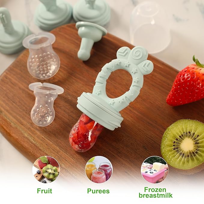 Baby Fruit Feeder Set – BPA-Free Silicone Fresh Food Feeder with 3 Replacement Teats, Teething Feeder for Fruits & Purees, Safe Self-Feeding for Babies 4+ Months