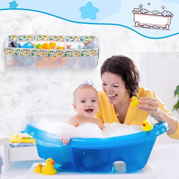 Dinosaur Bath Toy Storage Organizer, 3 Compartment Bath Toy Holder for tubs with Large Openings, Large Capacity & Quick-Drying Mesh - 4 Strong Adhesive Hooks for Easy Access