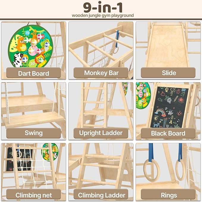 9-in-1 Indoor Jungle Gym, Montessori Indoor Playground for Toddlers,Wooden Climber Set with Swing, Slide, Monkey Bars, Climbing Neting, Upright Ladder, Climbing Ladder, Rings, Black Board, Dart Board