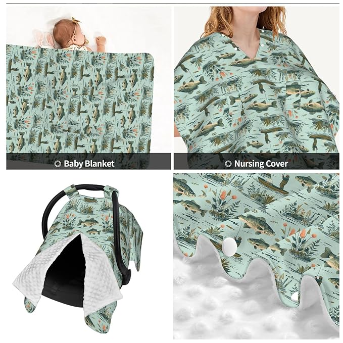 Fisher and Bass Fishes Baby Car Seat Canopy Nursing Cover for Newborn Car Seat Breastfeeding Covers Blanket Newborn Shower Gift