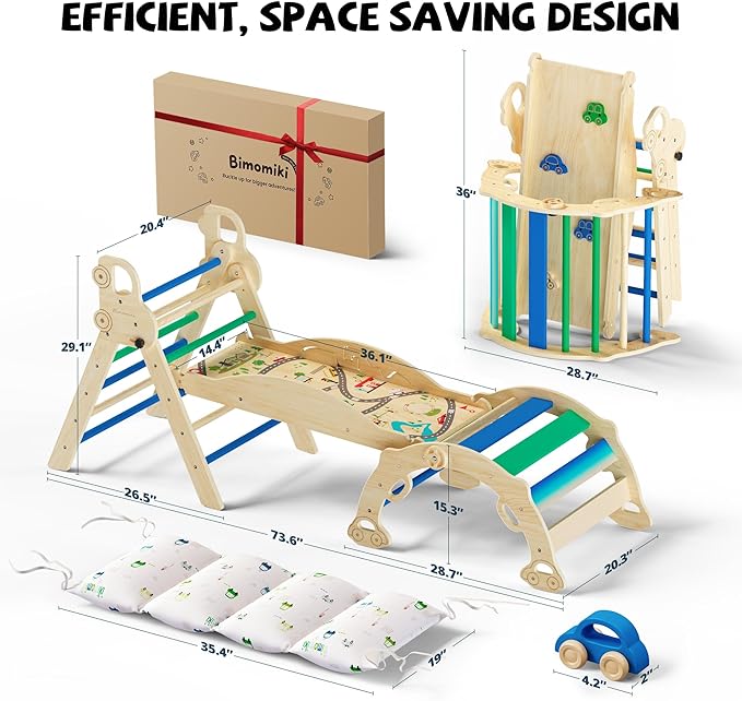 Pikler Triangle Climbing Set with Cushion, Foldable Climbing Toys Indoor, Montessori Toddler Gym, 10-in-1 Climber & Playground, Gift for Christmas, Birthday, New Year (Glacier Lake)