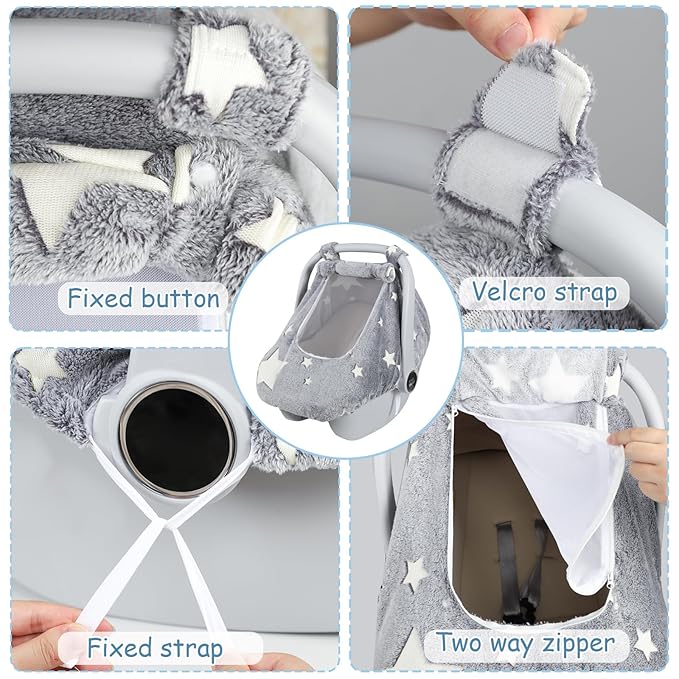 Car Seat Cover Baby Boys Girls, Soft Flannel Infant Carseat Cover with 2 Zipper Windows, Star Carrier Cover Canopy Glow in The Dark, Comfortable & Machine Washable, Gray