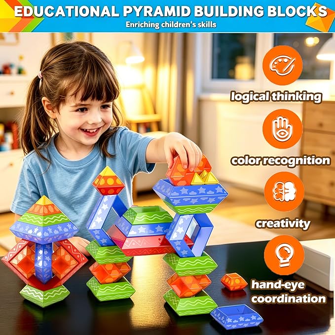 Doloowee 30 Pcs Building Blocks Toys for Ages 3 4 5 6 Toddlers, Pyramid Stacking Toys, 3D Montessori Preschool Learning Blocks for Kids, Stem Educational Pyramid Magic Tower Gifts Set