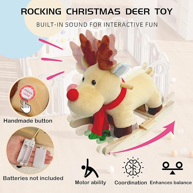 Baby Rocking Horse with Jingle Bells, Baby Rocking Chair for Toddlers 1-3 Years, Soft Plush Wooden Ride-on Toy Rocking Animal for Baby Boys and Girls Child Birthday Gift, CPC&CE Certified (Apricot-02)