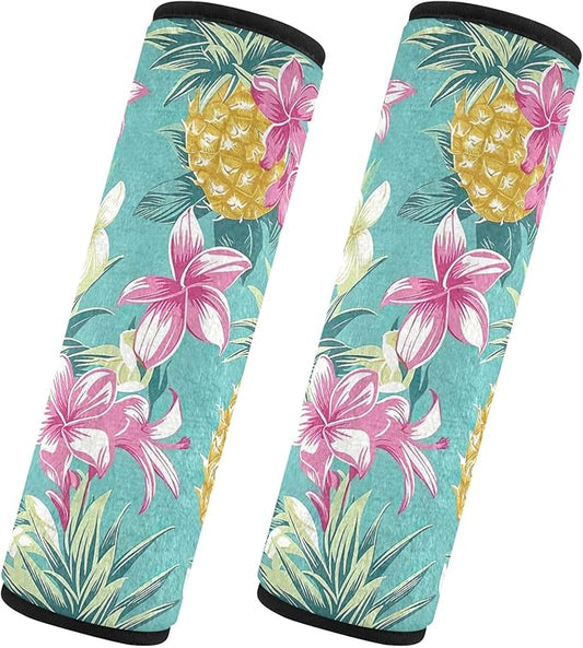 Tropical Flowers and Pineapples Seat Belt Cover 2 Pack Fashion Safety Belt Cushion Car Seat Shoulder Protector for Adults Kids