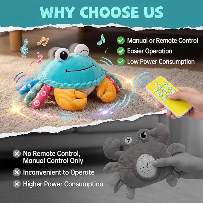 Baby Toys 12-18 Months, Musical Crawling Crab with Remote Control - Moving, Bouncing & Talking Plush Toy for Toddlers, Rechargeable Sensory Tummy Time Toy, Birthday Gifts for Boys & Girls