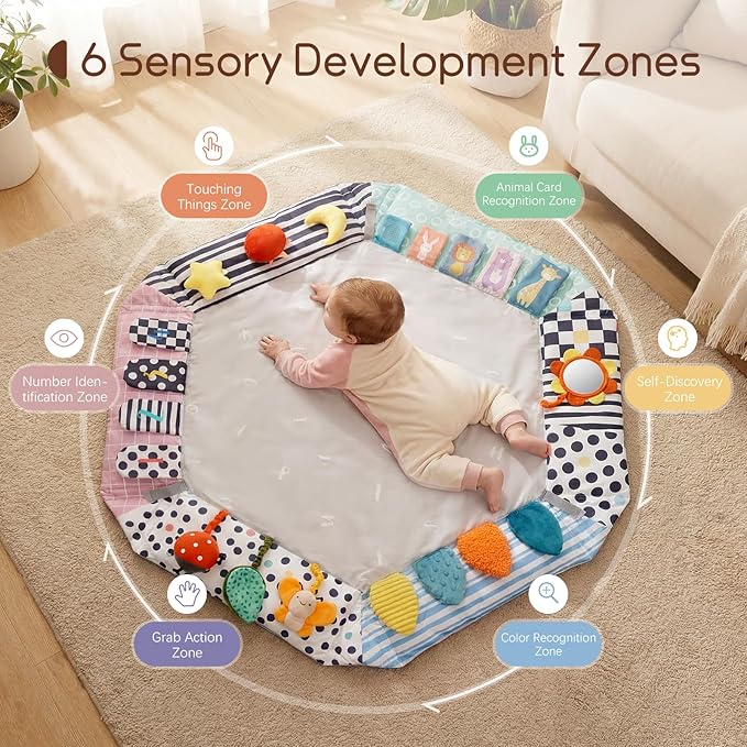 Baby Play Gym Activity Mat, 6 Developmental Zones Wooden Tummy Time Mat with 7 Detachable Sensory Toys for Motor Skill & Sensory Development, Baby Toys Gift for Toddler Infant 0-6-12-18 Month