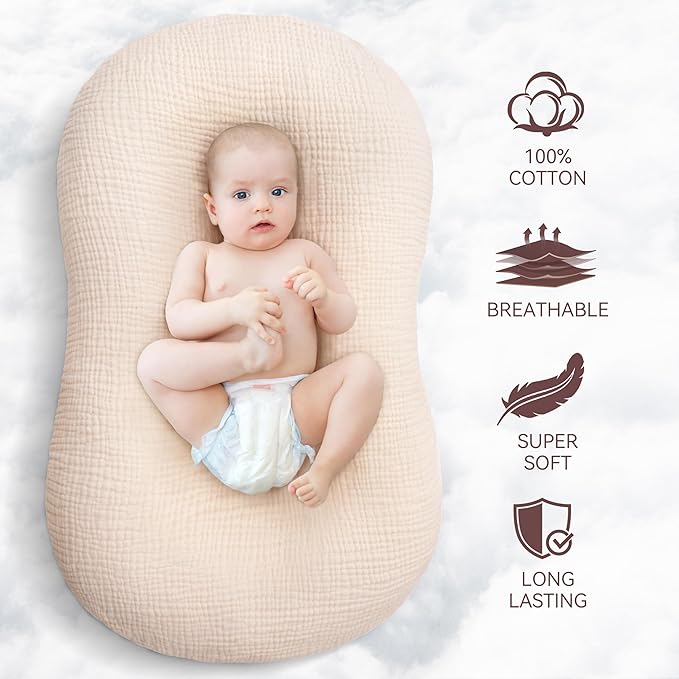 Muslin Baby Lounger Cover 1 Pack, Cotton Soft Breathable Infant Nest Slipcover, Envelope Closure, Compatible with Snuggle Me Loungers, Machine Washable, Cover Only, for Boys Girls(Beige)