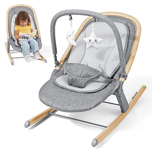 Orzbow Baby Rocker Chair & Infant to Toddler Rocker with 3 Recline Positions, Includes Removable Play Bar & Mesh Cushion, Detachable and Foldable, Fits Newborn 0-30 Months Up to 40 lbs, Wood Grain