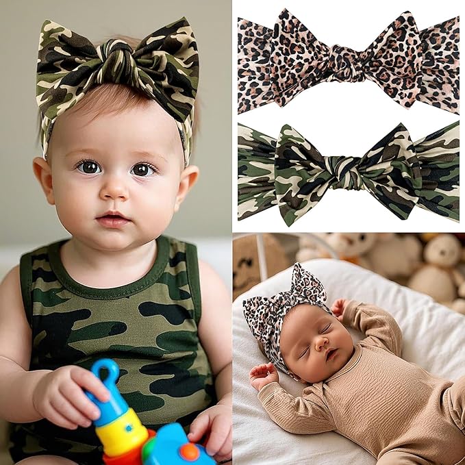 LemonSpce Handmade Baby Head wrap with Bows Stretchy Soft Infant Comfortable Baby Bow for Newborn girls and boys,Toddler-Leopard Camo Printed Hair Accessories
