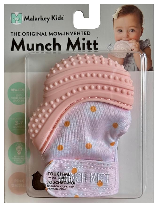 Malarkey Kids Baby Teething Mitten, Munch Mitt Baby Chew Toy - Protects Hands from Chewing & Saliva, Heals Aching Gums, Promotes Sound & Visual Stimulation for Babies Up to 1-Year-Old (Pink Daisies)
