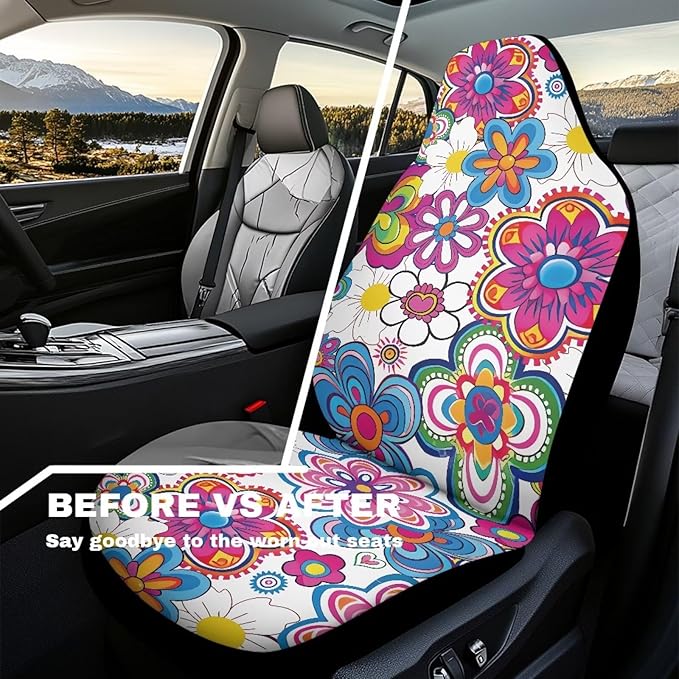 Colorful Hippie Flower Car Seat Covers Set of 2 Waterproof Universal Vehicle Front Seats Interior Protector Easy to Install Interior Protection Suitable Fits Most Car Auto SUV Sedan Truck