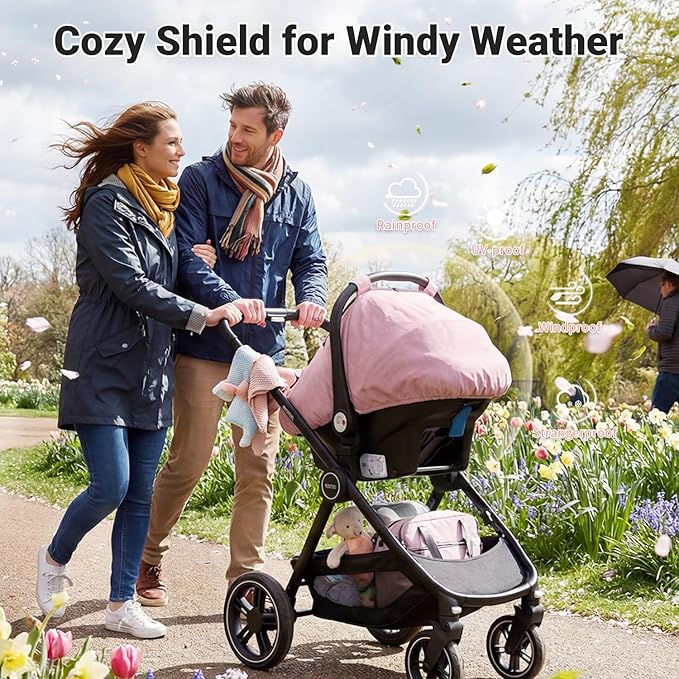 Rquite Car Seat Cover Baby, Winter Carseat Covers Boy Girl, Waterproof Infant Car Seat Cover Warm Car Seat Canopy for Cold Weather, Windproof Baby Carrier/Stroller Cover with 2 Layers Windows, Pink