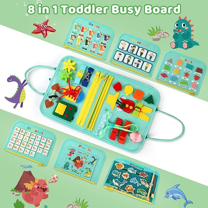 Toddler Busy Board for 1 Year Old, Montessori Toy Sensory Busy Book for Toddler 1-3 Fishing Game Life Skill, Learning Toy Car Ride Airplane Activities Travel Essential 2-4 Birthday Gift for Boy Girl