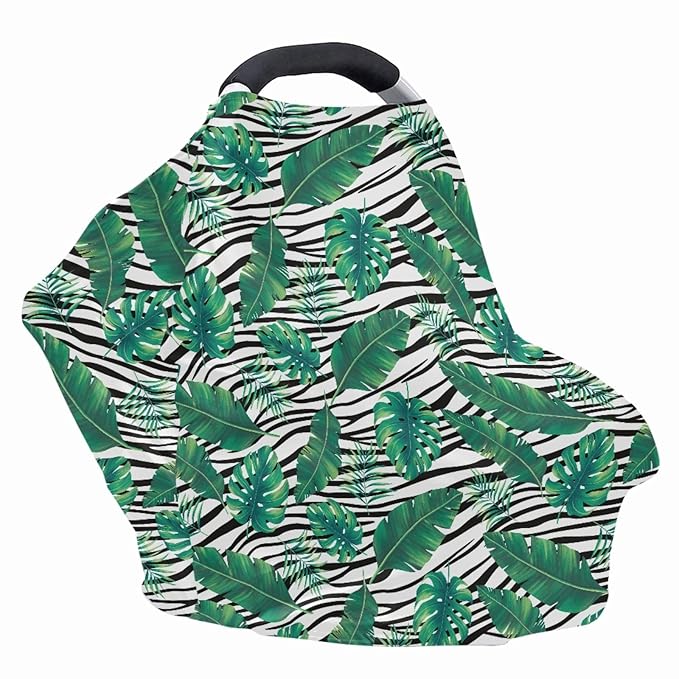Coldinair Zebra Palm Leaves Print Car Seat Cover for Babies Boys Girls,Soft Stretchy Nursing Cover,Breathable Infant Carseat Canopy,Shopping Cart/High Chair/Stroller Covers