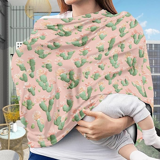 AFPANQZ Trendy Cactus Nursing Cover Breastfeeding Scarf Baby Car Seat Covers Infant Stroller Cover Carseat Canopy for Girls and Boys Lightweight Breathable for Outdoor Walking Traveling Pink Green