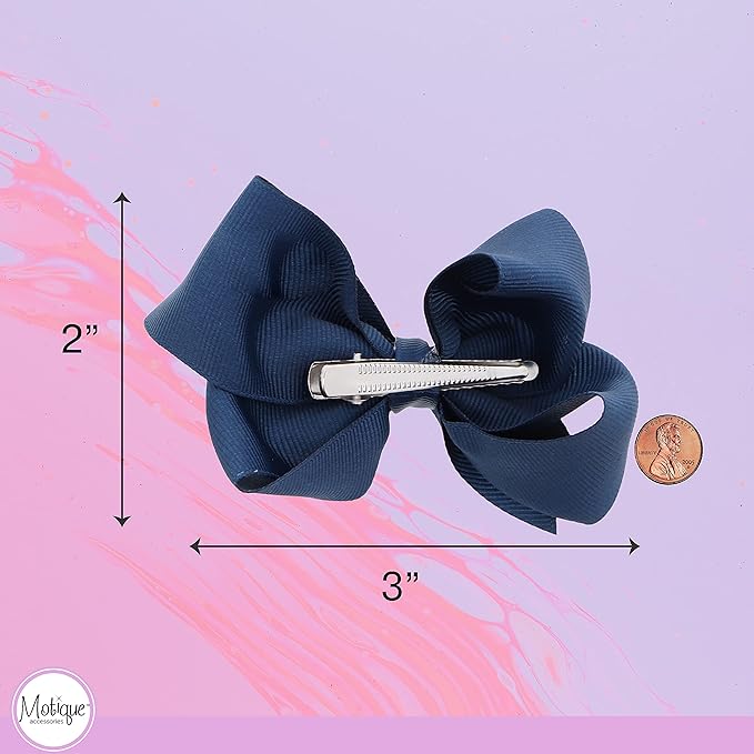 3 Inch Grosgrain Bow for Little Girls- Set of 2 (Navy)