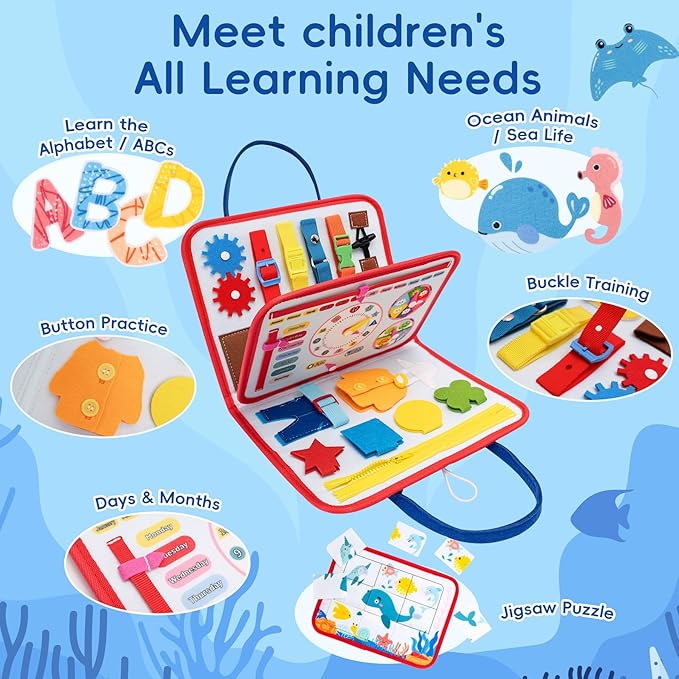 Busy Book for Toddlers - Montessori Sensory Toys for Travel, 4-Page Fine Motor Activity Board Gift for Boys & Girls (Ocean)
