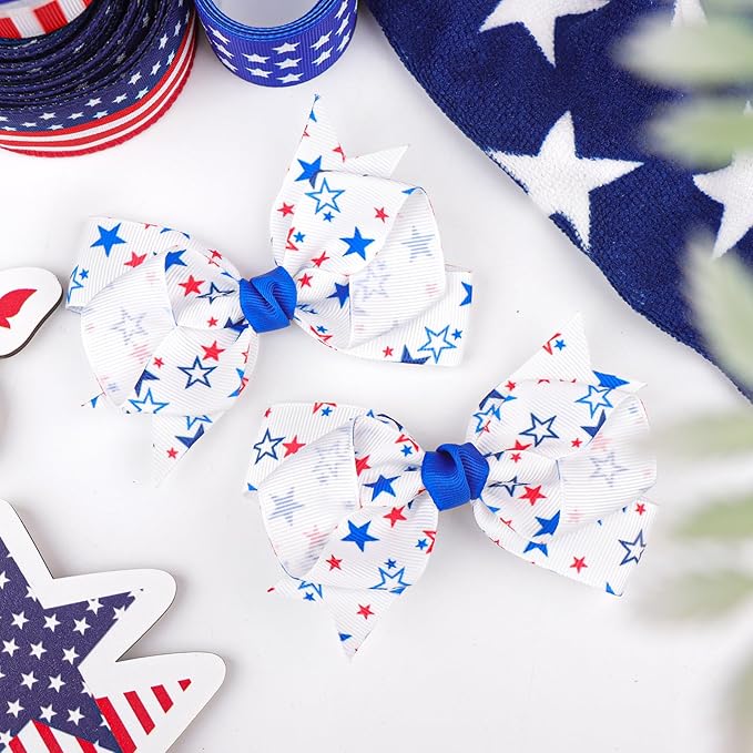 YanJie 2pcs 4th of July Hair Clips 4'' Blue Bow Stars Baby Girls Clips American Flag Hair Bow Patriotic Hairgrips Hair Accessories Independence