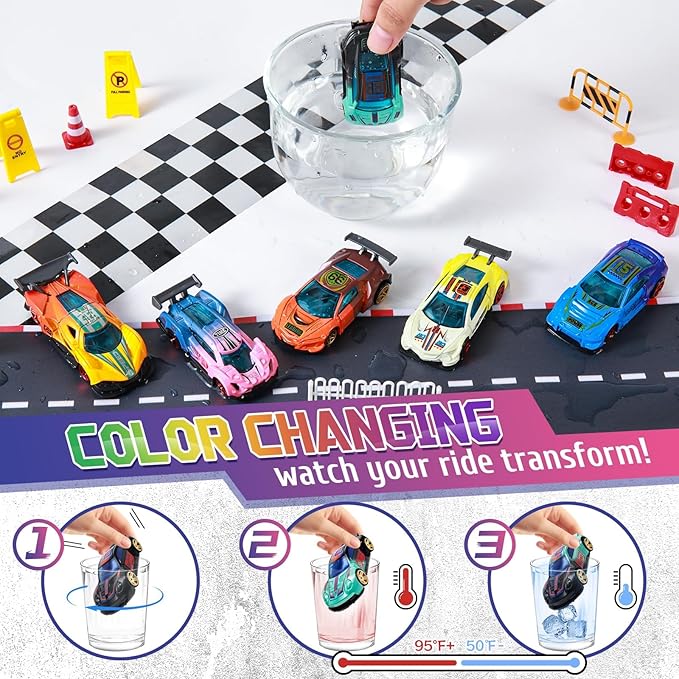 MACALOCA Color Changing Cars Toys Bath Toysva for Ages 1-3 4-8 Easter Basket Stuffers for Kids Grandkids Boys Birthday Gifts Race Cars Themed Party Favors Easter Egg Fillers Sensory Die-Cast Toys