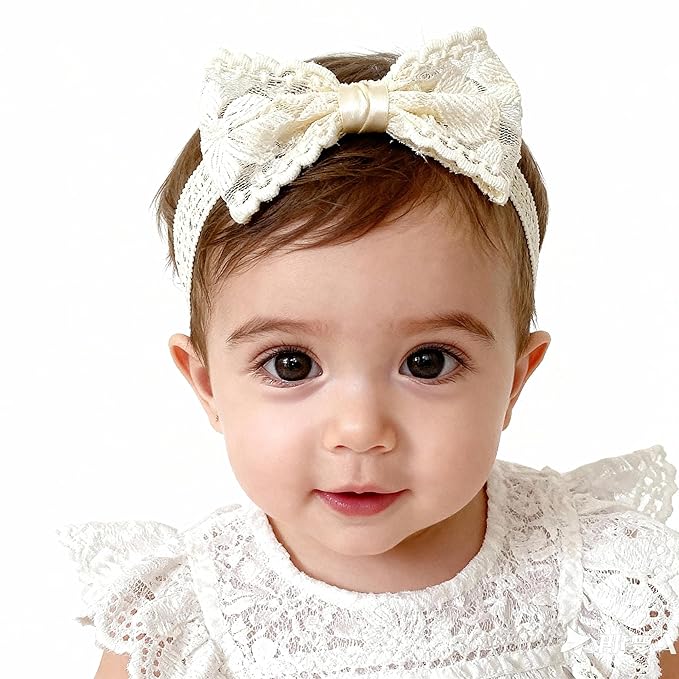 Baby Girls Bow Lace Headband Cute Soft Hairband White Butterfly Knot Headbands for Newborn Infants Toddlers Kids Christening Baptism Birthday Party Hair Accessories（Big flower bow）