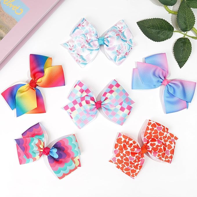24PCS 4.5Inch Bows for Girls Boutique Grosgrain Ribbon Rainbow Hair Bow Alligator Hair Clips Pigtail Bows Unicorn Hair Clips for Baby Girls Toddler Kids Children Teens