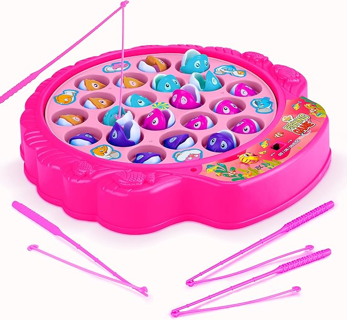 Fishing Game Play Set - 21 Fish, 4 Poles, & Rotating Board w/ On-Off Music - Family Children Backyard Pink Toy Games for Kids and Toddlers Age 3 4 5 6 7 Girls and Up