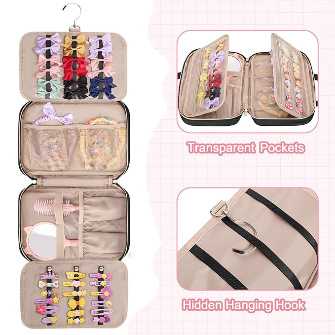 Fasrom Hair Accessories Organizer for Girls, Hanging Hair Bow Storage Bag for Kids Hair Clips, Headband, Hair Ties and Scrunchies Holder, Black (Empty Bag)