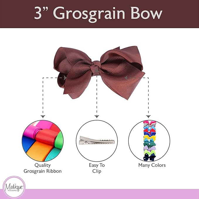 3 Inch Grosgrain Bow for Little Girls- Set of 2 (Brown)
