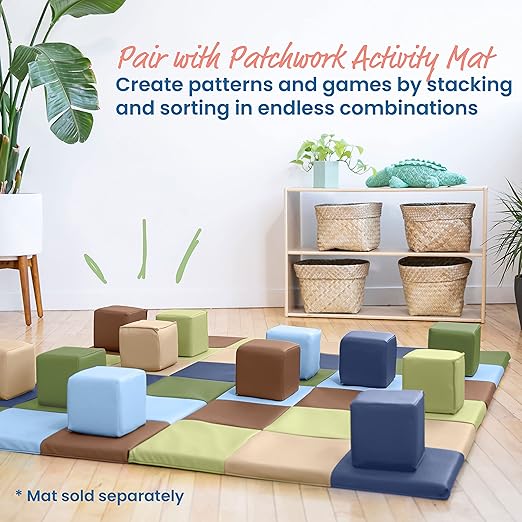 ECR4Kids SoftZone Patchwork Toddler Blocks, Foam Cubes, Earthtone, 12-Piece
