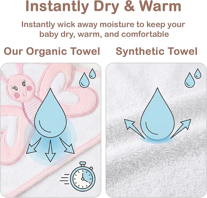 Mother's Choice Baby Towels 100% Organic Cotton Hooded Design, Large Size Baby Bath Towels, Ultra-Soft & Absorbent for Newborns, Infants, Toddlers, Boys & Girls with Animal Hood (Butterfly)