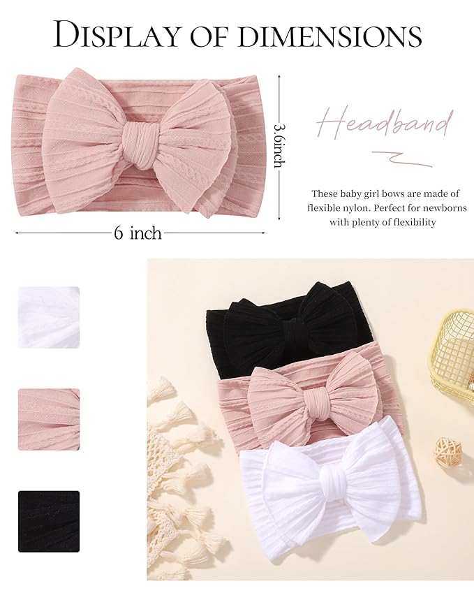 jollybows 3PCS Baby Bows Headbands Soft Nylon Baby Girl Headbands for Newborn Infant Toddler Kids Cute Bow Wide Hairbands Hair Accessories(Black+White+Deep Pink)