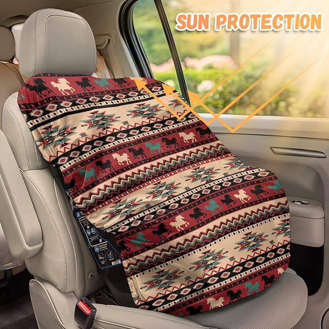 Aztec Car Seat Cover for Baby Carseat, Tear-Resistant Car Seat Sun Shade Cover with Vintage Horse Print, Universal Toddler Car Seat Replacement Cover