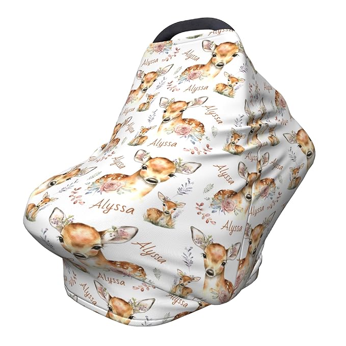 Personalized Deer Baby Car Seat Cover with Name,Multi-Use Canopy for Nursing, Strollers,Shopping Carts,Customized Breastfeeding Cover, Full Privacy,Infant Stroller Cover