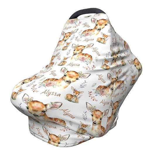 Personalized Deer Baby Car Seat Cover with Name,Multi-Use Canopy for Nursing, Strollers,Shopping Carts,Customized Breastfeeding Cover, Full Privacy,Infant Stroller Cover