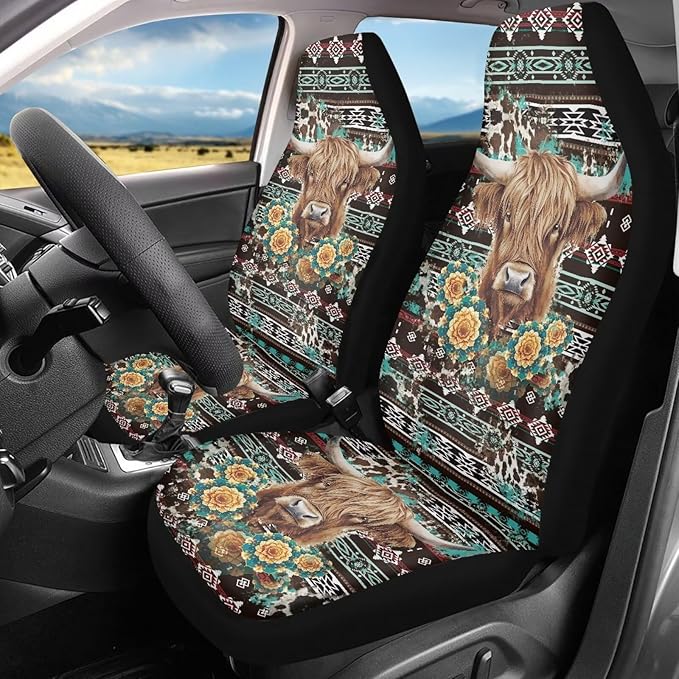 Ethnic Highland Cow Car Seat Covers Waterproof Front Seat Covers Automobile Front Seat Covers Easy to Install Car Interior Automotive Universal Fit Most Cars