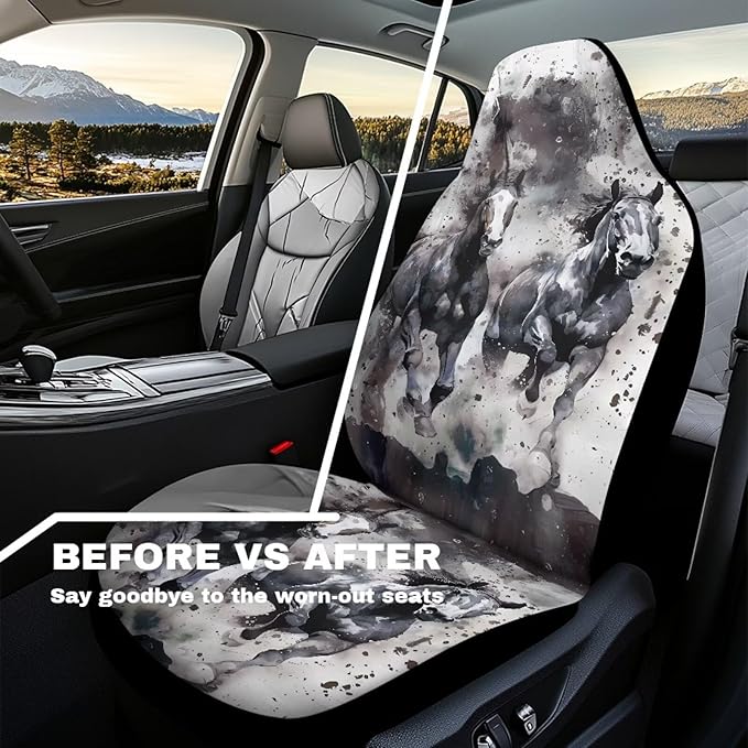 Fashion Horse Car Seat Covers 2 Pcs Car Seat Covers Front Seats Only Waterproof Breathable Easy to Install Anti-Slip Back Fabric Universal Fit for Auto Truck Van SUV