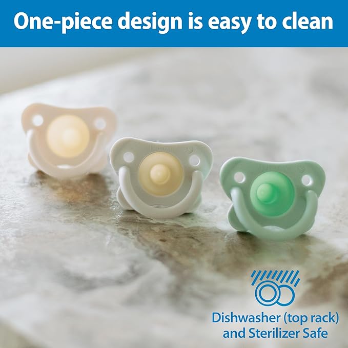 Dr. Brown's HappyPaci 100% Silicone Baby Pacifier, Contoured One-Piece Design, Gray, Green, Ecru, 0-6m, BPA-Free, 4-Pack